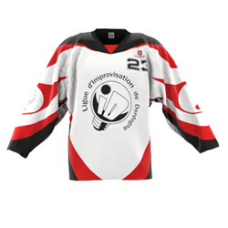 Un maillot de hockey blanc, rouge et noir avec le logo de la 'Ligue d'improvisation de Dunkerque' et le numéro 23.
